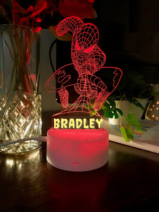 Personalized SPIDER-MAN - | Custom Name | 3D Acrylic Night Illusion Light Lamp | Kids Room & Birthday Gift | LED Nursery Multi-Colored